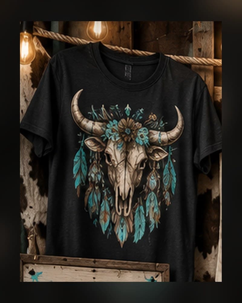 Black tee with a turquoise feathered steer skull design